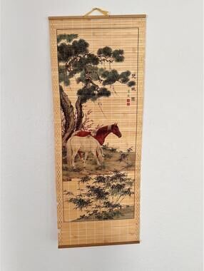 Vintage Asian Bamboo Horse Wall Hanging Scroll